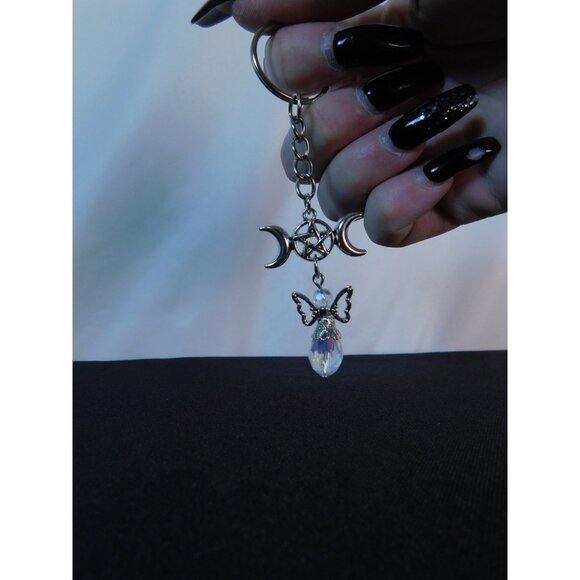 Triple Moon Pentacle Angel Keychain 4.5" - New - Witchcore Ethereal - Picture 9 of 11